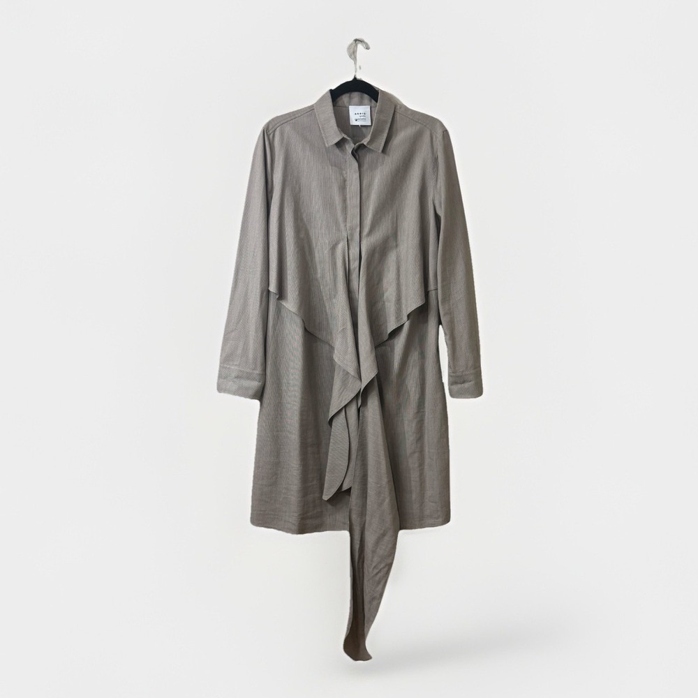 AKRIS Punto Shirt Dress Taupe Draped Front Long Sleeve Quiet Luxury L (estimate)